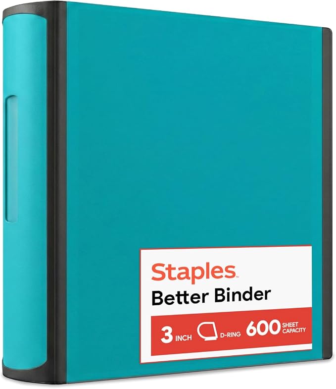Staples Heavy-Duty 3-Inch D-Ring Binder, Teal, Holds 600 Sheets | Large-capacity 3-ring binder with interior pockets for document storage.