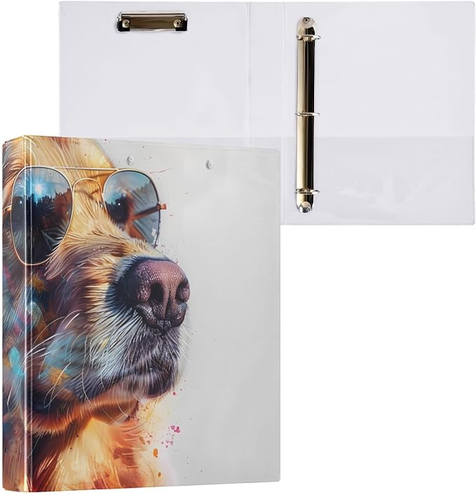 3 Ring Binder Golden Retriever Dog 1.5 inch Binders Three Ring Binders with Clipboard Fit 8.5'' x 11'' Paper 3 Interior PVC Clear Pockets for Office Supplies
