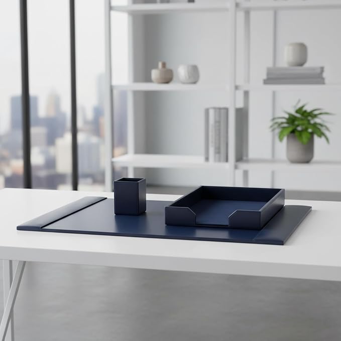 DACASSO Bonded Leather Desk Set - Luxury Leather Desk Pad & Desk Organization Essentials (Navy Blue, 3 Piece)