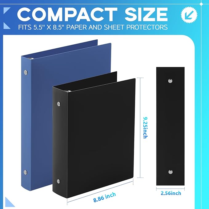 Henoyso 2 Inch 6 Pack Mini 3 Ring Binders for 5.5"x8.5" Paper,Black | Holds 375 Sheets, Plastic Small Binders, Round Three Rings, Flexible PP Covers, School Office, Photo Album Planner Journal