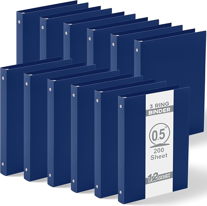 Henoyso 12 Pcs 0.5 Inch Mini 3 Ring Binders Fits 5.5" x 8.5" Paper, Holds(Capacity 140 Sheets), Plastic Flexible Three Round Rings Small Navy Blue A5 Binders Bulk for School, Office Use, Photo Album