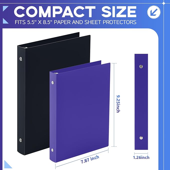 Henoyso 1 Inch 6 Pack Mini 3 Ring Binders for 5.5"x8.5" Paper,Purple | Holds 200 Sheets, Plastic Small Binders, Round Three Rings, Flexible PP Covers, School Office, Photo Album Planner Journal