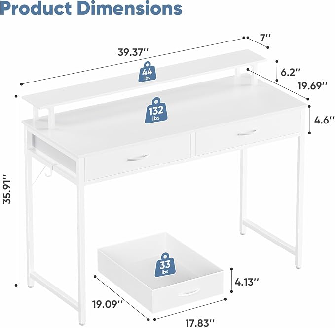 DUMOS 40-Inch Computer Desk with Drawers and Monitor Stand, White | Small Writing Desk for Home Office with Headphone Hook, Compact Study Table for Bedroom