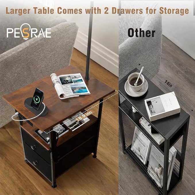PESRAE Floor Lamp with Table & 2 Drawers, End Table with 3 Color Temperature Reading Light, Side Table Lamp with USB & Type C & AC Charging Port for Living Room, Bedroom