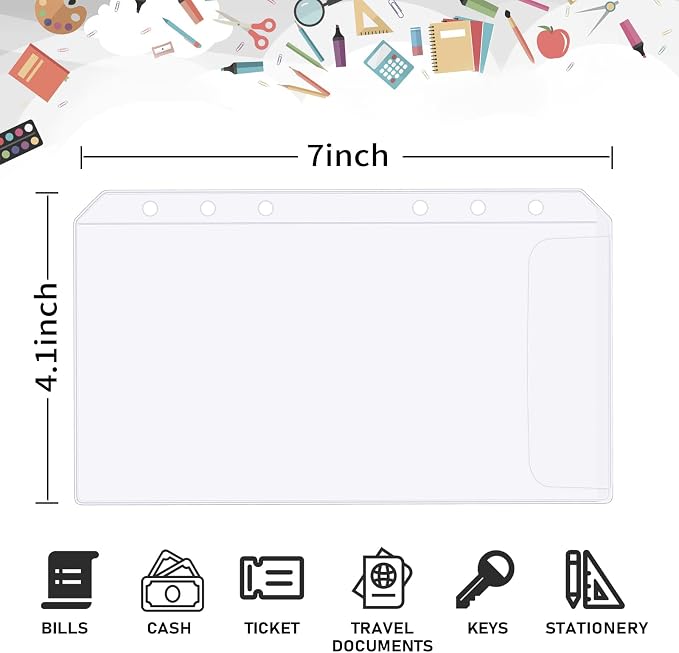 60pcs A6 Binder Pocket no Zipper Clear Budget Planner Inserts Bulk Budget Binder Organizer Cash Envelopes for Budgeting Waterproof PVC Loose Leaf Bags Card Sleeves for 6 Ring Notebook