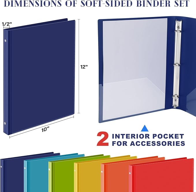 Fulmoon 48 Pack 3 Ring Plastic Binders 1/2 Inch Bulk with 2 Pockets, Flexible Binder Loose Leaf Hardcover, Fit 12" x 10" US Letter Size Paper, for School Office Home, 6 Colors(Vibrant)