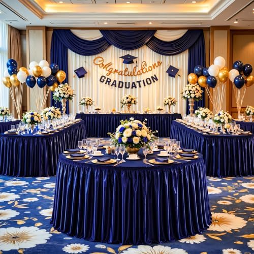 Wish Care 17ft Navy Blue Satin Long Table Skirt for Rectangle Tables Wrinkle Free Teacher Desk Skirt Glitter Ruffle Table Skirting Cloth for Back to School Classroom Office Birthday Party Table Decor