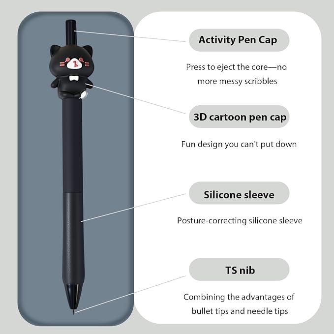 10Pcs Black Cute Cat Stationery Set Cat School Supplies | Kawaii Stationery Set with Pens, Pencil Sharpener, Highlighter, Eraser, Correction Tape and Ruler for Office and School Use