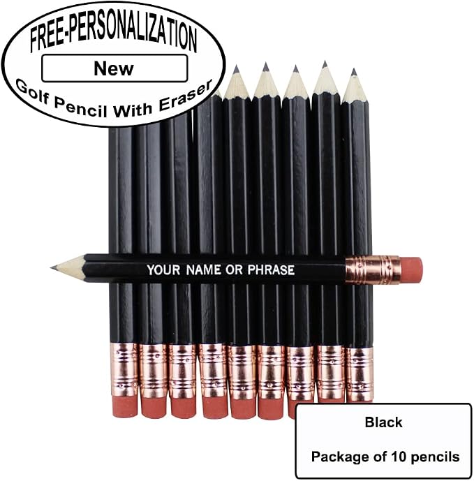 EZPENCILS & GIFTS - Golf Pencils Tipped with Eraser (1/2 a Pencil - Pew Pencils) - Black Colored Barrel - FREE-PERSONALIZATION - 2HB Black Lead - Custom Text - Non-Smear Eraser – Package of 10