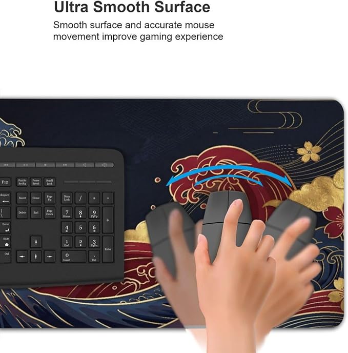 Japanese Great Wave Mouse Pad XL-Extended Gaming Desk Mat (31.5 x 15.7 in) | Black and Gold Ukiyo-e Art Mousepad with Anti-Slip Rubber Base, Waterproof Keyboard Mat for Office, Home & Esports