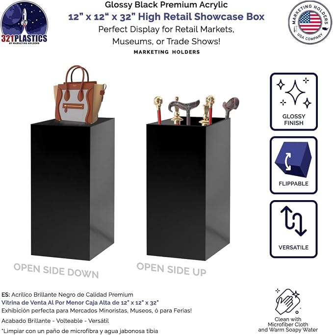 Marketing Holders 2 Pack Acrylic Display Riser Box Tall Pedestal Stand No Lids Art Glossy Black 12" x 12" x 32" Event Flower Arrangement Plant Stand Retail Product Riser
