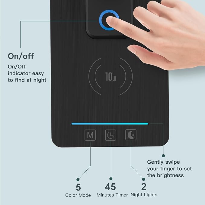 LED Desk Lamp with Wireless Charger: Desk Lamps for Home Office Bedroom, 5 Color Modes & Brightness Dimmable, 2 Night Light