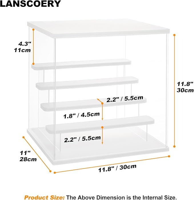 LANSCOERY Acrylic Display Case with RGBW Lights, 5 Tier White | 11.8 x 11 x 11.8 in case displays small figures on desks or shelves with tiered rows and front access.