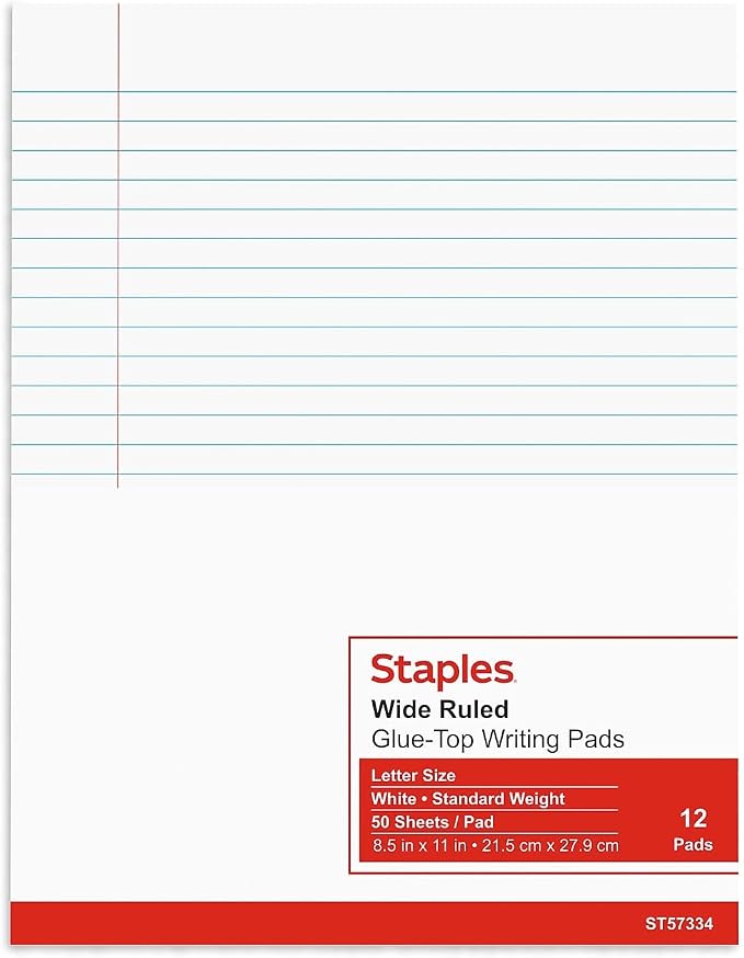 STAPLES Notepads, 8.5” x 11”, Wide Ruled, White, 50 Sheets/Pad, 12‑Pack
