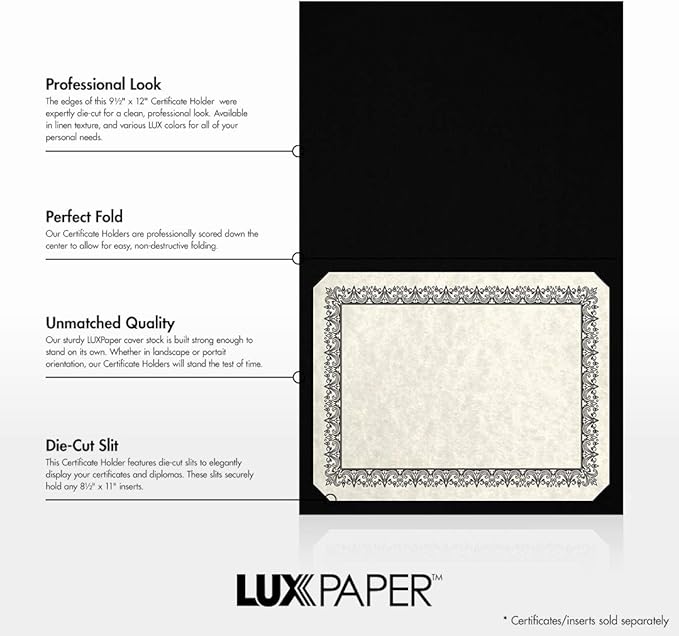 LUXPaper 9.5" x 12" Certificate Holders | Black Linen | Embossed Gold Foil Floral Border | 100lb. Cover | 25 Qty
