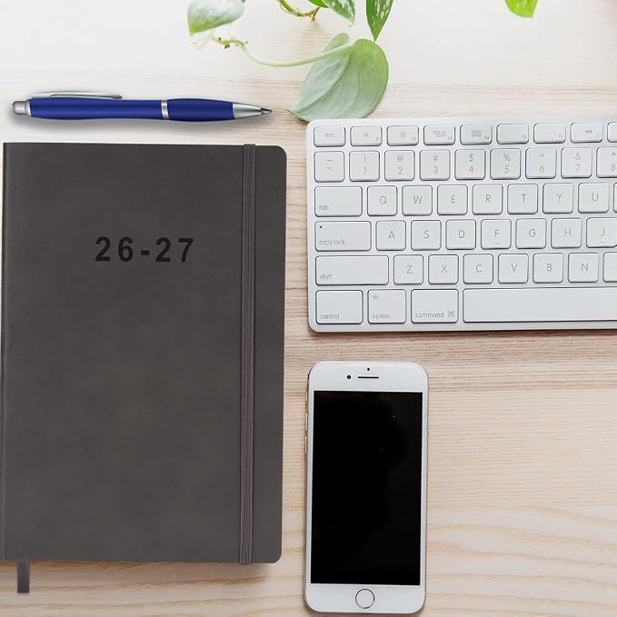 2026-2027 Planner - Weekly and Monthly Planner, Oct 2026 - Dec 2027, Holidays, Contacts and Notes Pages, Vegan Leather Cover, Elastic Closure, 5.5"x8.25", Grey
