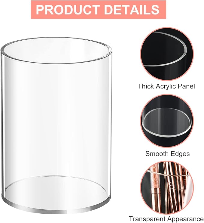 Mototo 8 Pieces Clear Acrylic Pen Holder Round Acrylic Pencil Cup Clear Makeup Bush Holder Acrylic Desktop Stationery Organizer for Office School Home Desk Accessories (8 Pack, Round)