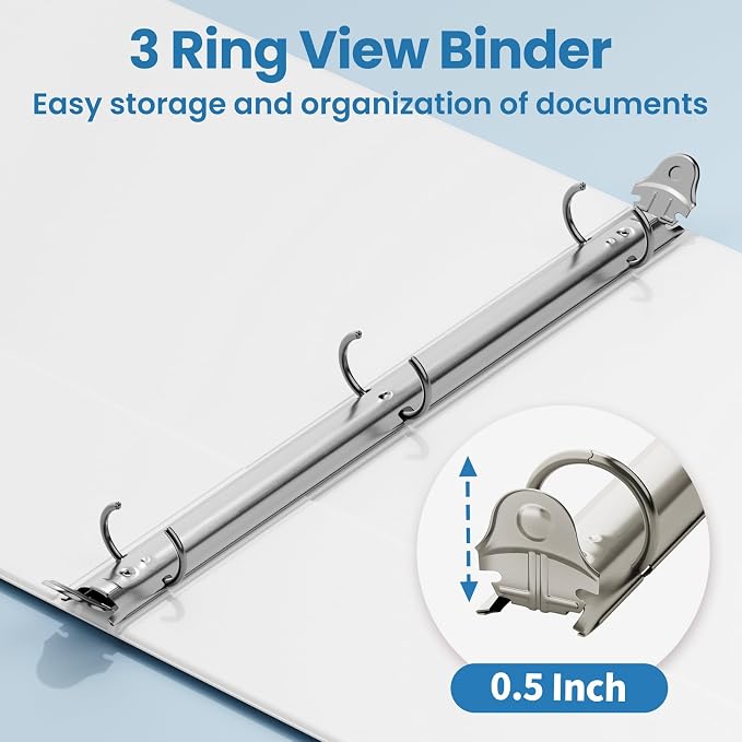 SUNEE 1/2 Inch Binders 3 Ring 4 Pack, PVC-Free Clear View Half Inch Binders (Fits 8.5x11 Inches) for School, Office & Home Use, White