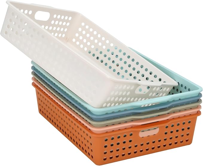 Modern 6-Pack Stackable Paper Trays with Handles, A4 Desktop Document Organizer for Classroom, Office, Homework Collection