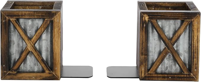MyGift Rustic Bookends with Pen Holder, Wood & Metal Desk Organizer | Keeps books upright while built-in compartments organize pens, pencils, and desk essentials for work or study spaces