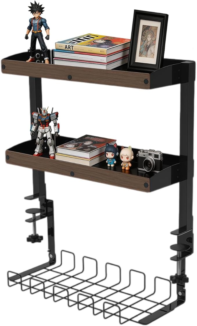 Clamp on Desk Shelf,17'' 2 Tier Office Desk Shelves Organizer with Under-Desk Hidden Storage Basket,Wood Desktop Supplies Storage Rack for Home Workspace, Study Rooms,Gaming Devices (Black)