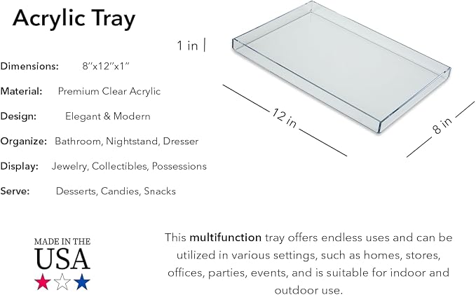 Clear Acrylic Organizer Tray, 8 x 12 Low-Profile Display & Vanity Tray – BPA-Free, Bathroom, Desk, Decor & Serving (Dry Use Only) - Made in USA