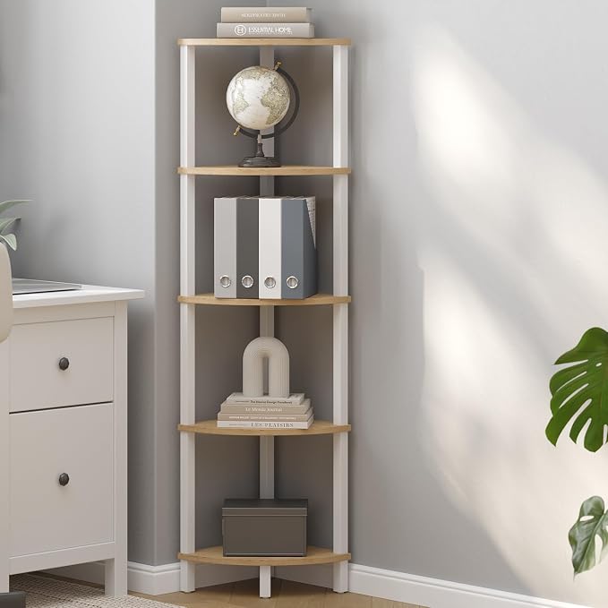 VIMBER Corner Shelf, 5-Tier Corner Bookshelf, Industrial Corner Ladder Shelf, Rustic Display Shelf for Living Room, Bedroom, Kitchen, Home Office, White and Nature Wood Color UJSJ001Q