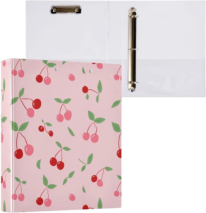 Pink Cherry Hard Cover Ring Binder 1.5 Inch 3 Ring, Printed Ring Binder with Metal Non-Slip Clip Clear Pocket Water Resistant Round Ring Binders for Recipe Budget Office