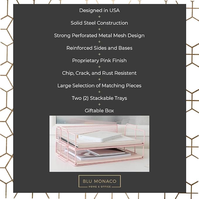 BLU MONACO | Paper Tray Stackable Pink Mesh Set of 2 | Stackable File Trays for Desk Organization | Tiered Desk Organizer with Metal Letter Trays and Workspace Organizer