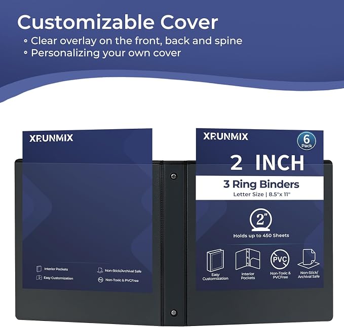 1-1/2'' 2-Inch 3-Ring Binder with Pockets, Premium View Binders with Three Ring Binders Holds up to 200/325/450 Sheets US Letter Size, Bulk Pack of 6 (2-inch Black)