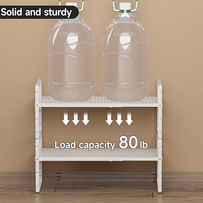 jkxoo 2Pack Expandable Cabinet Shelf Organizers, Stackable Metal Shelves Extender for Kitchen Countertop Storage, Adjustable Spices Shelves Rack Stand for Cupboard Pantry, Black