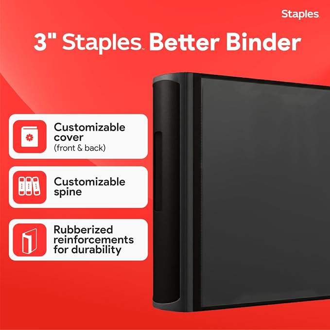 Staples Better 3-Inch D-Ring Binder, Black, Heavy-Duty, Large Capacity | Durable 3-ring binder for school and office document storage and organization.