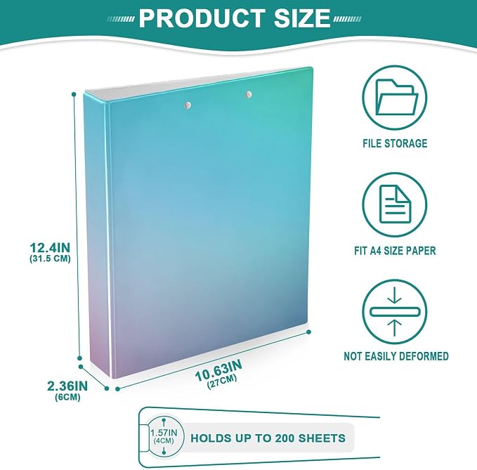 3 Ringed Binder 1 and A Half Inch Notebook Binders with Pockets 1/2 Pack School Binder Hardcover Teal Gradient Blue Pink Colored Blurred