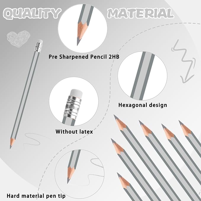 48 PCS Silver Colored Pencils with Eraser Pre Sharpened Pencil 2 HB - Ideal for Checking, Grading, Tests & Office/School Supplies (Silver)