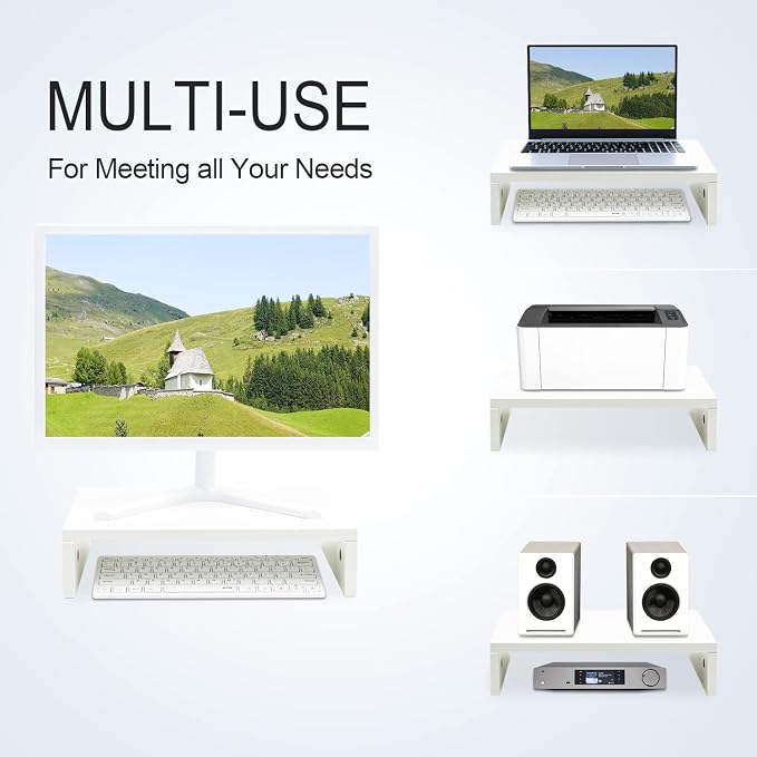 TEAMIX White Monitor Stand Riser for Desk, Small Computer/Laptop Stand Wood | 14.2"L x 9.5"W, Holds 80 lbs, Desktop Organizer Shelf, Ergonomic Morden Design, Easy Assembly, For Home Office, Gaming