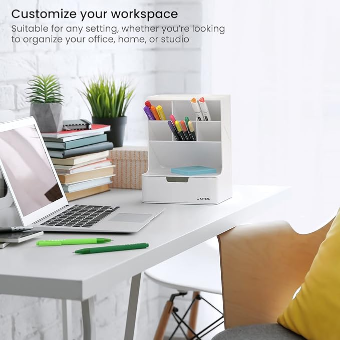 ARTEZA Desktop Pen and Marker Organizer, 6-Compartment White Pen Holder for Desk with Stationery Drawer, Makeup Organizer