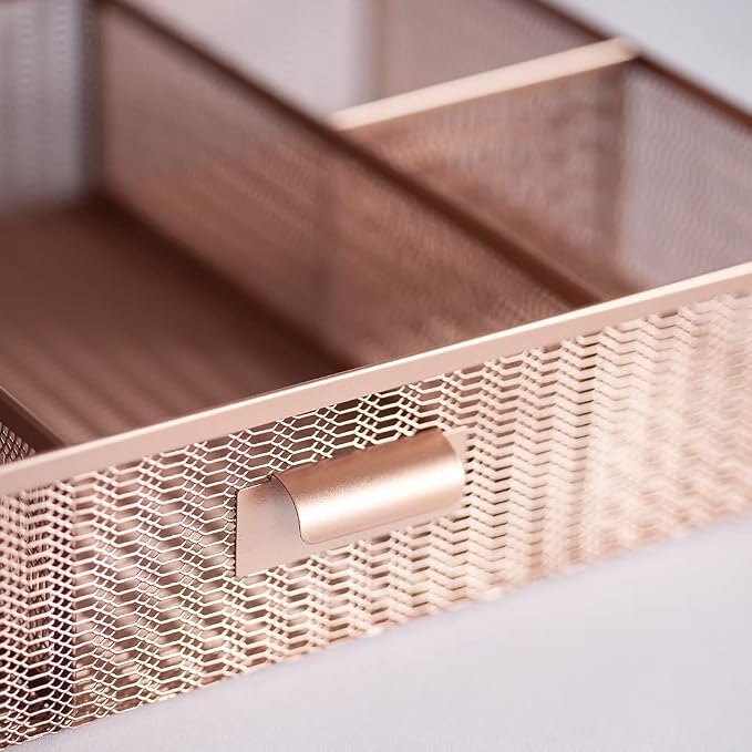 BLU MONACO Large Rose Gold Desk Organizer | 12-Compartment Metal Mesh Desktop Organizer with Drawer | Office Supplies & File Holder for Home Office, Workspaces, Vanity & Craft Storage