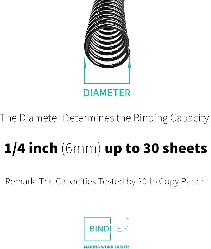 Binditek Plastic Spiral Binding Coils, 6 mm, 4:1 Pitch, Black, 100 Pack | Coil Binding Spines, 1/4", 30 Sheet Capacity, 48 Loops, for Letter-Size Reports, Presentations, School and Office Projects