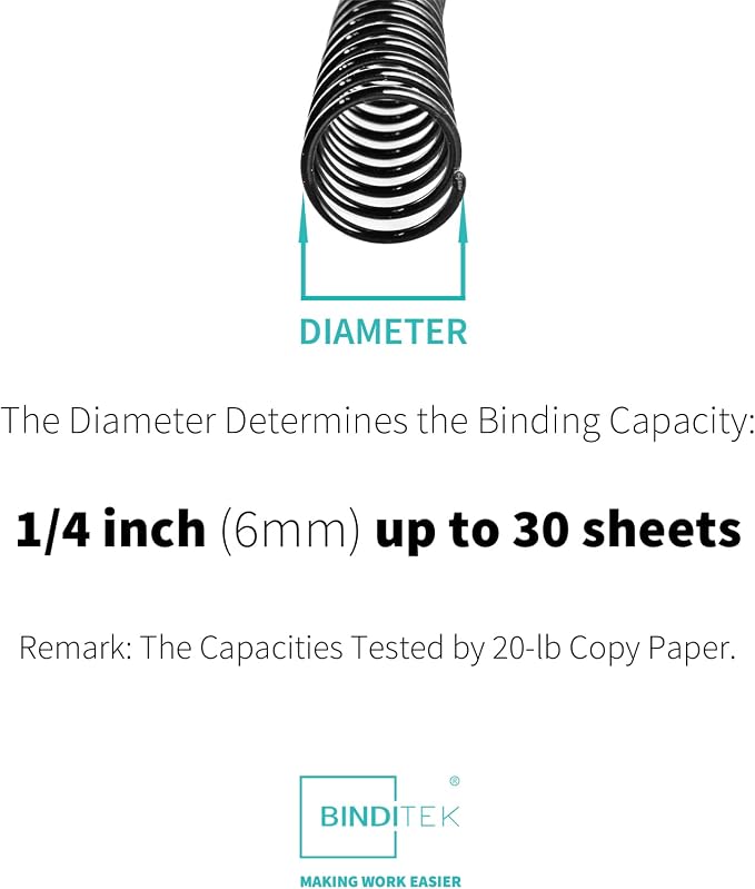 Binditek Plastic Spiral Binding Coils, 6 mm, 4:1 Pitch, Black, 200 Pack | Coil Binding Spines, 1/4", 30 Sheet Capacity, 48 Loops, for Letter-Size Reports, Presentations, School and Office Projects