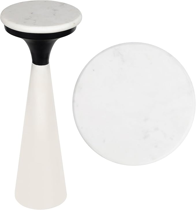 JONATHAN Y Oliver 8" Round Marble Pedestal Drink Table, White/Black | 22.25" High Modern Martini Cocktail Accent Stand, Small Side Furniture, No Assembly, Mid-Century Glam Style