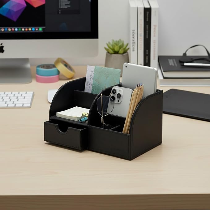 UnionBasic Desk Organizer - Multifunctional Leather Desktop Pen Holder Storage Box - Business Card/Pen/Pencil/Mobile Phone/Stationery Holder, Black