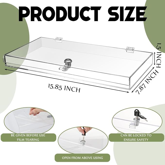 Clear Acrylic Locking Display Case with Keys Large Medication Lock Box Snack Fridge Lock Acrylic Figure Display Case Storage Box for Collectibles Figures Jewelry Toy (15.75" X 7.87" X 1.5")