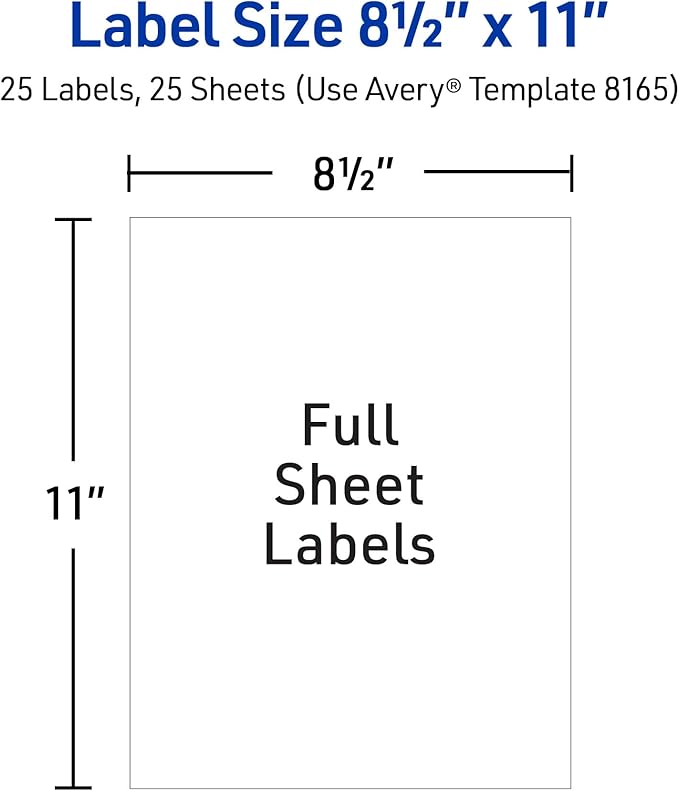 Avery Full-Sheet Printable Shipping Labels, 8.5" x 11" Customizable Stickers, White, 125 Blank Mailing Labels Total, Great for Mailing, Shipping, Organizing, and More (5-Pack of 8165)