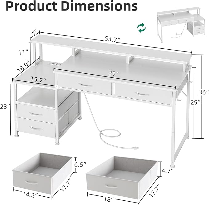 MUTUN 53" Computer Desk with 4 Drawers & Power Outlets, Reversible Home Office Desk with Monitor Stand & Printer Stand, Gaming Desk with Led Lights, Study Writing Work Desk Table for Bedroom (White)