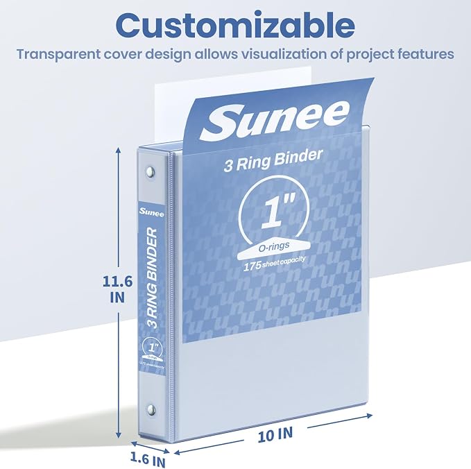 SUNEE 1 Inch Binders 3 Ring 6 Pack, Clear View Three Ring Binder PVC-Free (Fit 8.5x11 Inches) for School or Office Supplies, Haze Blue