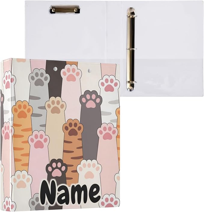 Custom 3 Ring Binder Cat Paw Prints 1.5" Round Ring Binders Personalized Name View Binder with 200 Sheet for Kids School Supplies Women Men Office, 1 Pack