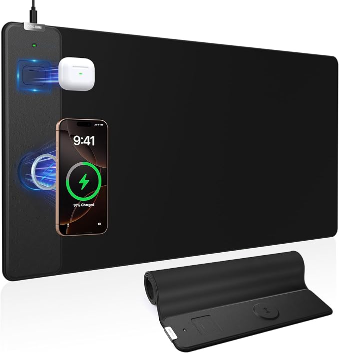 Magnetic Wireless Charging Mouse Pad, 31.5"x15.8" in, Black | Large Gaming Desk Mat, Non-Slip Base, Waterproof Ultra-Smooth Keyboard Pad for Gamer, Office & Home