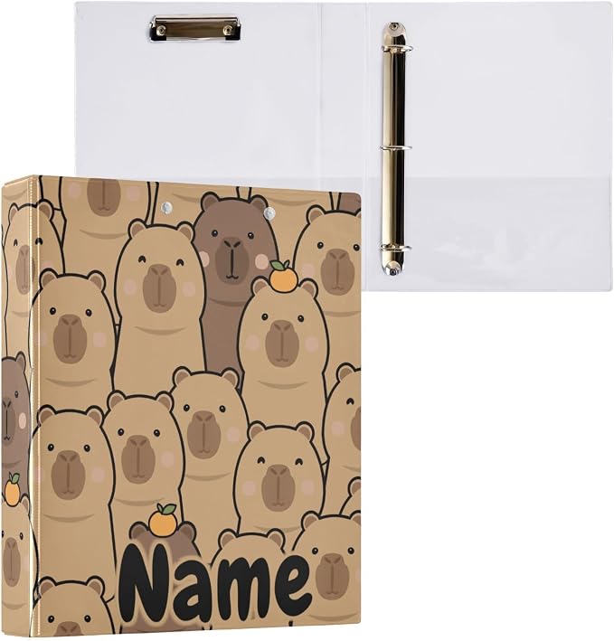 Custom 3 Ring Binder Cute Capybara with Orange 1.5" Round Ring Binders Personalized Name View Binder with 200 Sheet for Kids School Supplies Women Men Office, 1 Pack