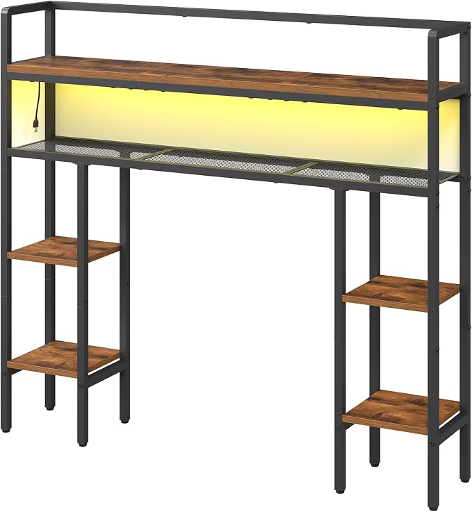 MAHANCRIS Desk Shelf, 43.3" Desk Hutch with Light Strip | Office Desktop Organizer, 5 Tier Desktop Bookshelf for Computer Monitor, Storage Rack for Study, Home Office, Rustic Brown