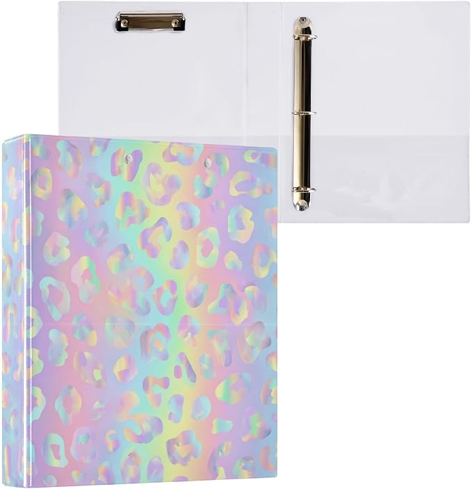 Aslsiy 3 Ring Binder 1.5 Inch Glitters Leopard Round Clipboard Binder Sparkly Decorative Harcover Binders Organizer for Office Supplies